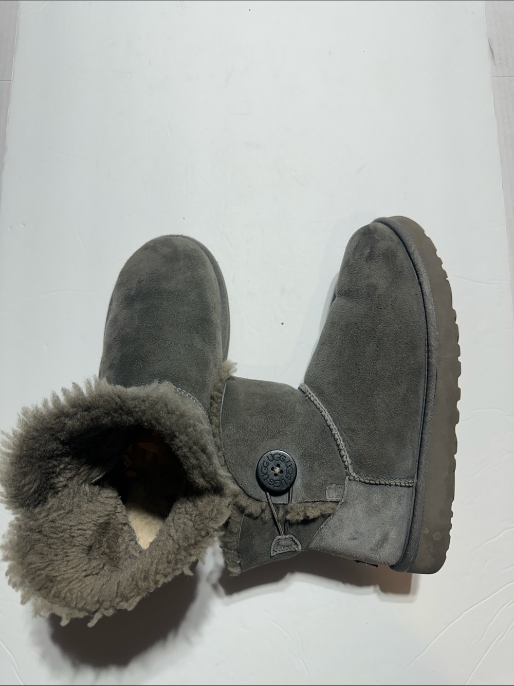 UGGS Mini Bailey button boot II Gray Suede Shearling Boot w minimal wear